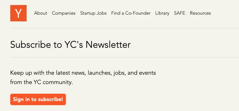 YC newsletter sign-up screen