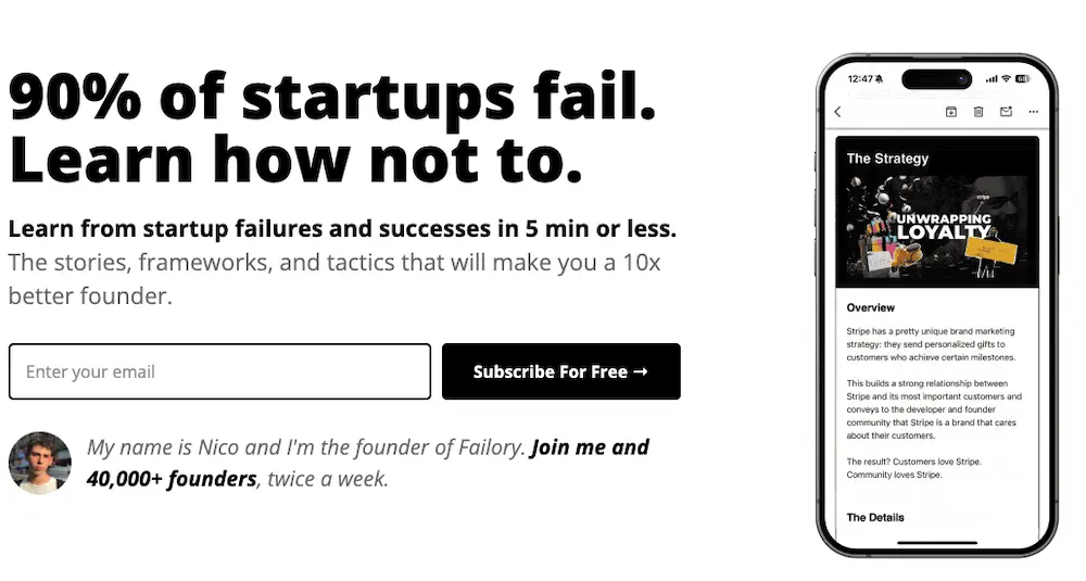 Failory newsletter sign-up screen