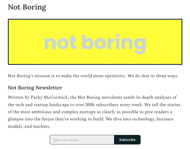 Not Boring newsletter sign-up screen