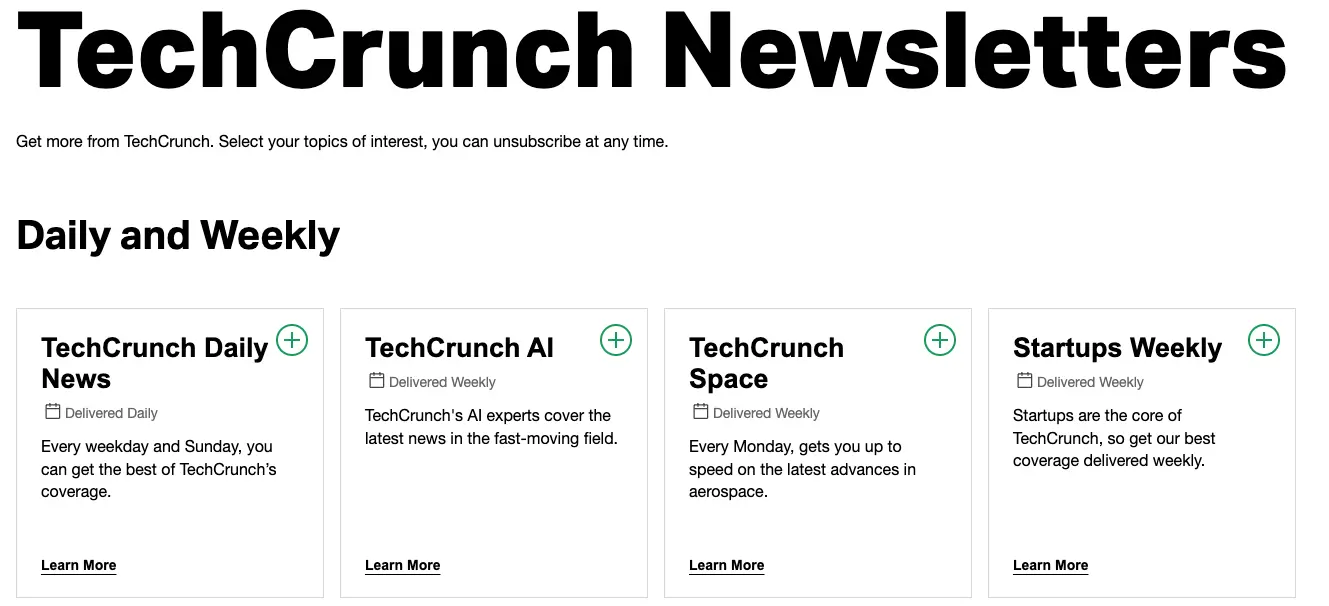 TechCrunch newsletter sign-up screen