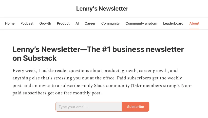 Lenny's newsletter sign-up screen