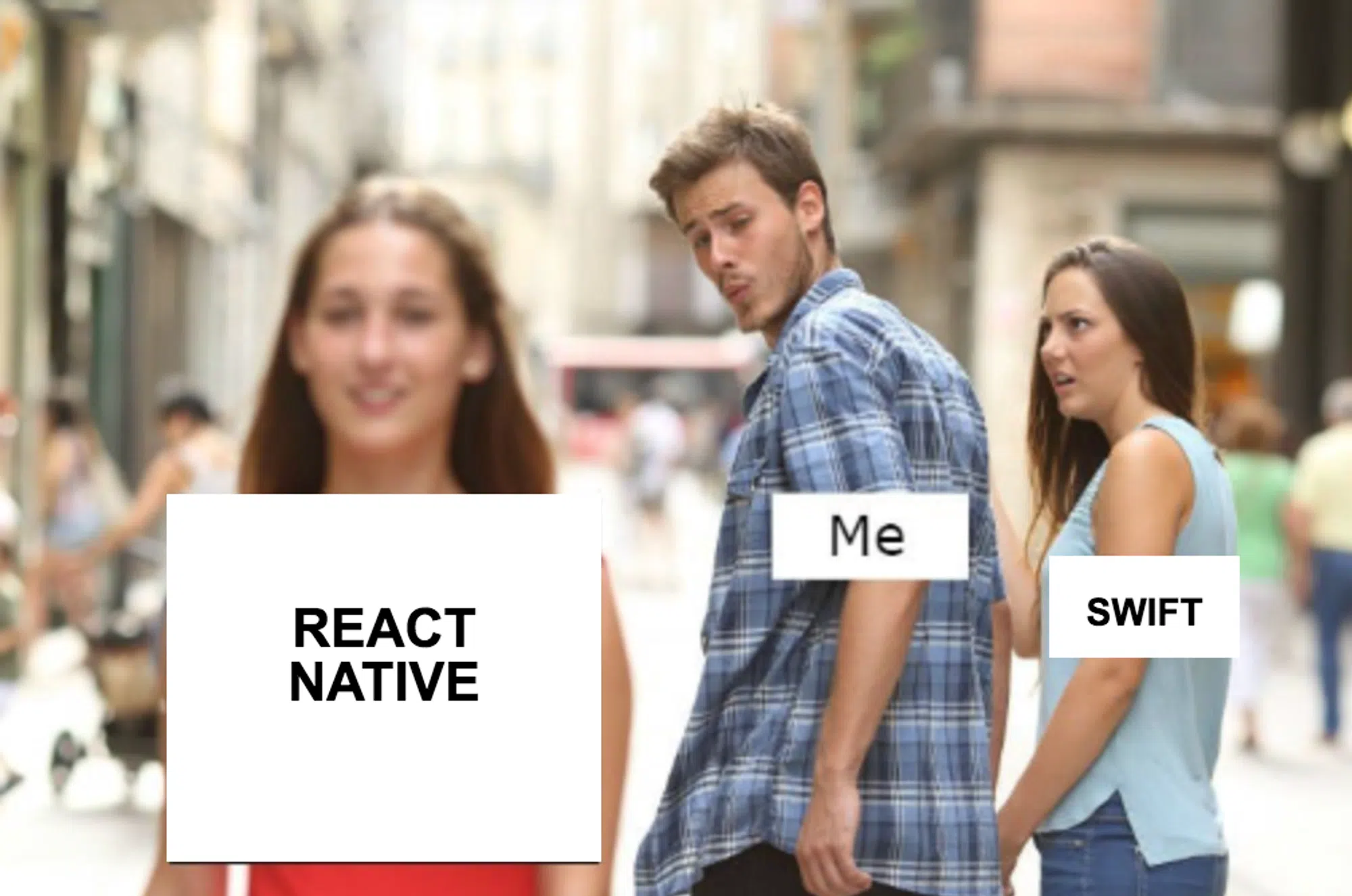 A meme image with a couple and a woman